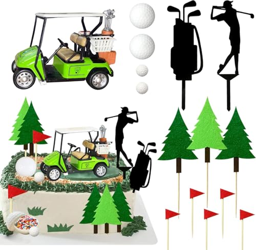 Danduolai 15-teiliges grünes Golf-Kuchendekorationsset mit Wagenflagge, Golfball für Herren, Sport, Golf-Thema, Geburtstagsparty-Zubehör von Danduolai