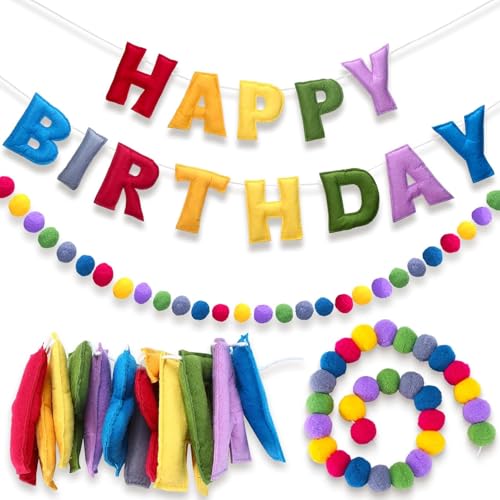 Vorbespanntes "Happy Birthday"-Banner – Filzkugel-Girlande – Happy Birthday Girlande, Regenbogen-Geburtstagsdekorationen, personalisiertes Schild für Party-Dekoration, Foto-Requisite (bunt mit Ball) von Danduolai
