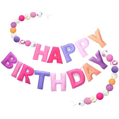 Vorbespanntes Happy Birthday Banner – Filzkugelgirlande – Happy Birthday Girlande, Regenbogen-Geburtstagsdekorationen, personalisiertes Schild für Partydekoration, Foto-Requisite (Pink 2) von Danduolai