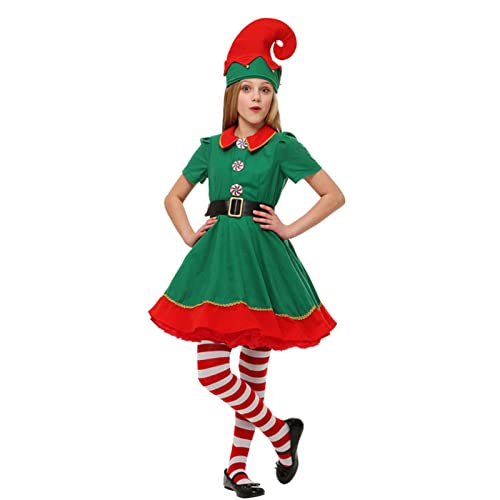 Dankek Weihnachtself Kostüm Kinder, Weihnachtswichtel Kostüm, Wichtel Kostüm Mädchen, Elfen Outfit Herren, Damen Weihnachten Elfen Kostüm, Kostüm Für Elfen, Kleid Und Mütze, Sockengürtel, Zubehör von Dankek