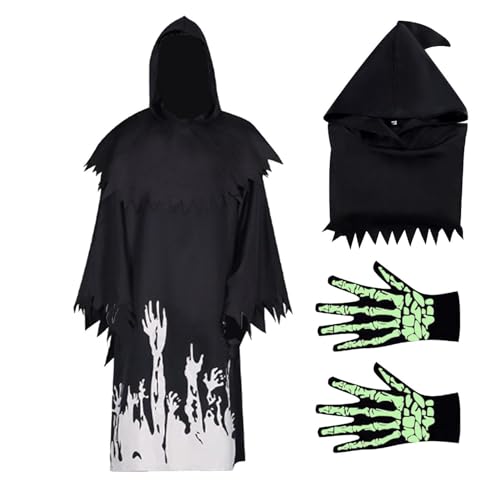 Reaper-Kostüm, Schwarze Kapuzenrobe - Reaper Halloween Kinder Cape,Glow In The Dark Death Reaper Gruselige Feiertagskostüme, atmungsaktiv für Partys, Cosplay von Dankek