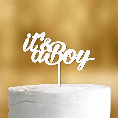 Cake Topper It’s a Boy [in Schreibschrift] für die Babyparty - Acryl weiss - Tortendeko Babyparty deko Junge, Gender reveal Party deko neutral von Dankeskarte.com