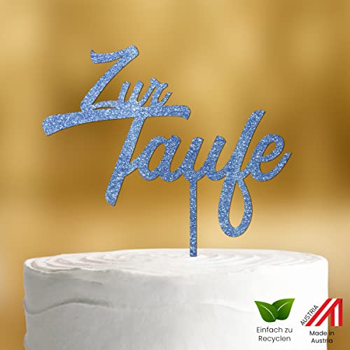 Cake Topper zur Taufe zweizeilig [langer Spieß] für die Tauftorte - Blau Glitzer 3mm - Taufe Tortendeko Taufe Jungen, Cake Topper Taufe, zur Taufe Tortendeko, Tortendeko Taufe Junge, Torten Topper von Dankeskarte.com