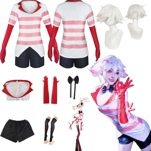 Daotutu Angel Dust Hazbin Hotel Cosplay Kostüm mit Perücke für Frauen Charakter Vaggie Rot Uniform Erwachsene Fliege Komplettset Jacke Dress Up Anzug Outfits Halloween Karneval Party Geschenke (L) von Daotutu