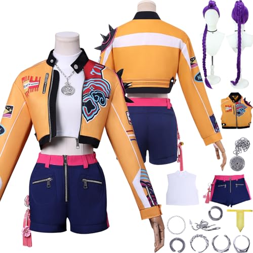Daotutu Anime K-kpop D-Demon H-Hunters Rumi Cosplay Kostüm Outfit Rolle Zoe’y Mira Cosplay Uniform Komplettes Set Halloween Dress Up Anzug mit Perücke Halskette für Frauen von Daotutu