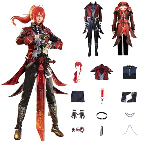 Daotutu Spiel Genshin Impact Cosplay Kostüm Outfit Rolle Diluc Ragnvindr Cosplay Uniform Komplettset Set Halloween Karneval Party Dress Up Anzug mit Perücke (L) von Daotutu