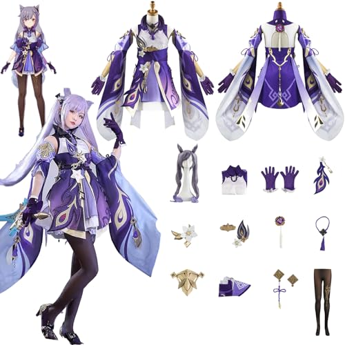 Daotutu Spiel Genshin Impact Cosplay Kostüm Outfit Rolle Keqing Cosplay Uniform Komplettset Set Halloween Karneval Party Dress Up Anzug mit Perücke (S) von Daotutu