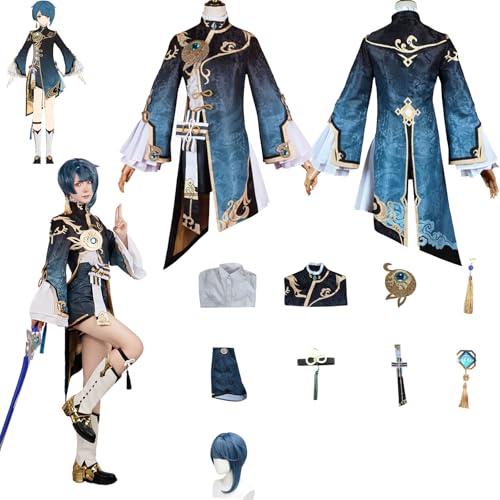 Daotutu Spiel Genshin Impact Cosplay Kostüm Outfit Rolle Xingqiu Cosplay Uniform Komplettset Set Halloween Karneval Party Dress Up Anzug mit Perücke (XS) von Daotutu