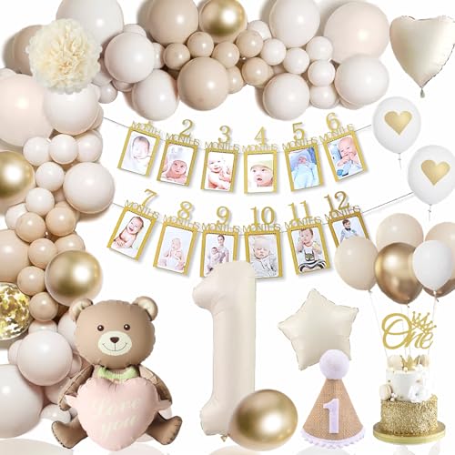 Geburtstagsdeko 1 Mädchen Junge, 1. Geburtstag Deko mit Luftballons Beige Gold, Kindergeburtstag Deko 1 Jahr mit Bär Folienballon, Girlande Geburtstag für 1 bis 12 Monate Baby Geburtstagsdeko 1 Mädchen Junge, 1. Geburtstag Deko mit Luftballons Beige Gold, Kindergeburtstag Deko 1 Jahr mit Bär Folienballon, Girlande Geburtstag für 1 bis 12 Monate Baby von Dargds