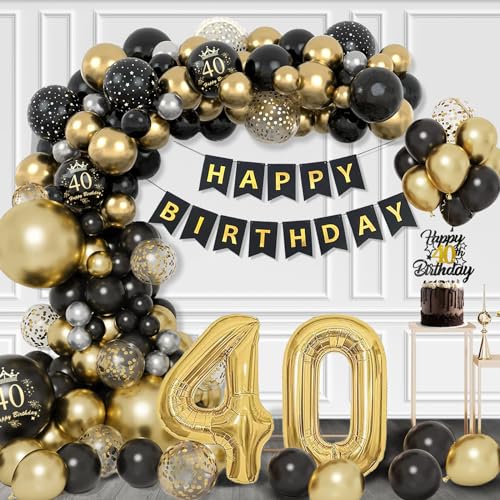 Deko 40 Geburtstag Mann Frauen, 40 Geburtstag Männer, Geburtstagsdeko 40 mit Luftballons 40. Geburtstag Deko, Konfetti Luftballons Schwarzes Gold,Happy Birthday Girlande von Dargds