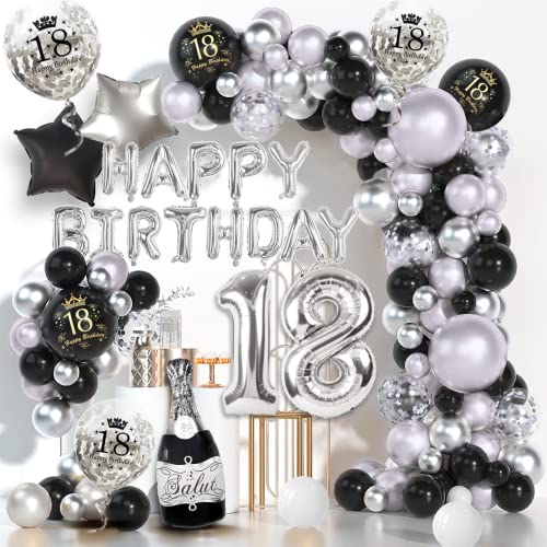 18 Geburtstag Deko Junge Mädchen Schwarz Silber,Deko 18. Geburtstag Junge Geburtstagsdeko 18 mit Happy Birthday Balloon, Luftballon 18,Konfetti Luftballons für 18 Geburtstag Dekoration Mann von Dargds