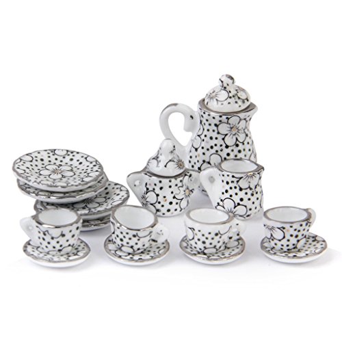 Dariokki Puppenhaus Miniatur Speise Geschirr Porzellan Tee Set 15 STK. Gaensebluemchen Muster von Dariokki