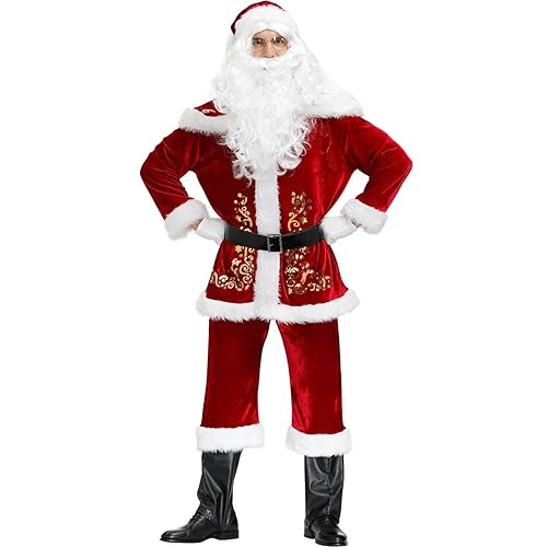 Darringls Herren Damen Weihnachten Kostüm Weihnachtsmann Partei Cosplay Outfits Santa Claus Nikolauskostüm Deluxe Samt Erwachsene Santa Anzug Regal Plüsch Vater Samt Cosplay Kostüm von Darringls