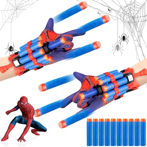 Darryy 2 Set Kids Spider Hero Handschuhe, Super Spider Launcher Handschuh, Launcher Spielzeug, Kinder Cosplay Handschuh, 6 Sauger Darts + 2 Spinne Shooter Handschuhe, Katapult Spielzeug (Weiche Kugel) von Darryy