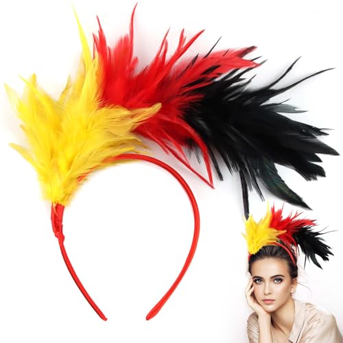 Darryy Feder Stirnband Fascinator Stirnbänder Cosplay Haarband Karneval Party Kopfschmuck Regenbogen Feder Haarreif Feder Kopfbedeckung Kostüm für Ostertag Hochzeit Halloween Party (rot schwarz gelb) von Darryy
