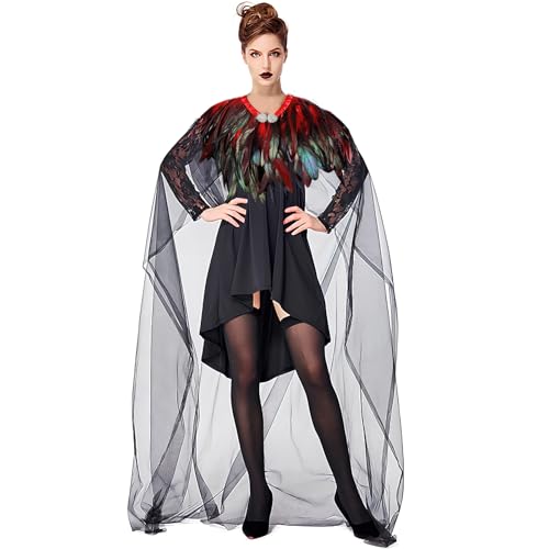 Darryy Federumhang, Netzumhang mit Federkragen, Gothic Feder Umhang Feder Kostüm, Geeignet für Halloween, Karneval, Rollenspiele und Partys(rot) von Darryy