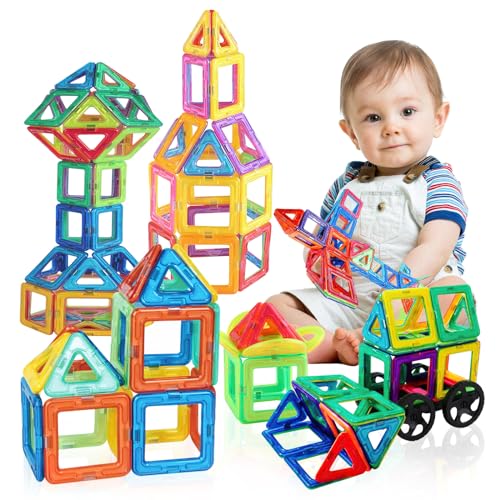 Darryy Magnetbausteine 60pcs Mit 2 Rädern, Magnetische Bausteine Spielzeug ab 3 Jahre, Magnetsteine Kinder Geschenk für Mädchen Junge, Magnetic Building Blocks, Magnetbausteine von Darryy