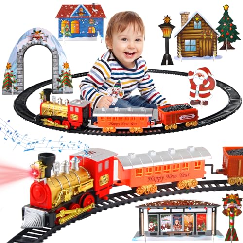 Darryy Klassisches Zug-Set für Christbaum, Weihnachtsbaum Zug Elektrisch Mit Musik, Christmas Tree Train Set, Mit Scheinwerfern, DREI Waggons Und Schienen, Weihnachtlichen Ziersprossen von Darryy