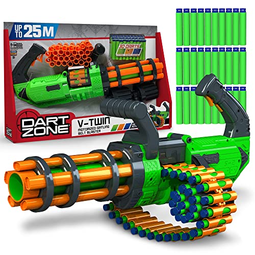 Dart Zone V-Twin Motorisierter Minigun Dart Blaster – Hochleistungs-Schaumstoffpistole für Kinder ab 8 Jahren – Vollautomatisch – Schießt 3 Patronen/sec bis 25m weit – Kompatibel mit Nerf Pfeile von Dart Zone
