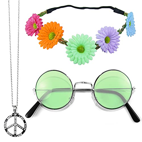Das Kostümland Hippie Set 3-tlg. - Margeriten Haarband, Peace Kette und Lennon Brille - Bunt mit grüner Brille Das Kostümland Hippie Set 3-tlg. - Margeriten Haarband, Peace Kette und Lennon Brille - Bunt mit grüner Brille von Das Kostümland