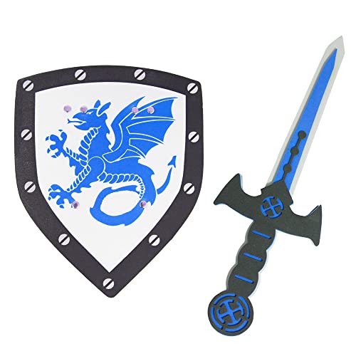 Ritter Schwert und Schild aus Schaumstoff | Spielzeug Set mit Drachen Mittelalter (Blau) Toll für Kinder zum Ritterfest zur Farbauswahl von Das Kostümland