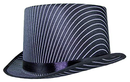 Das Kostümland Schwarzer Zylinder aus Satin mit weißen Streifen - Klassischer Zylinderhut 20er Jahre Hut Mafia Kopfbedeckung von Das Kostümland
