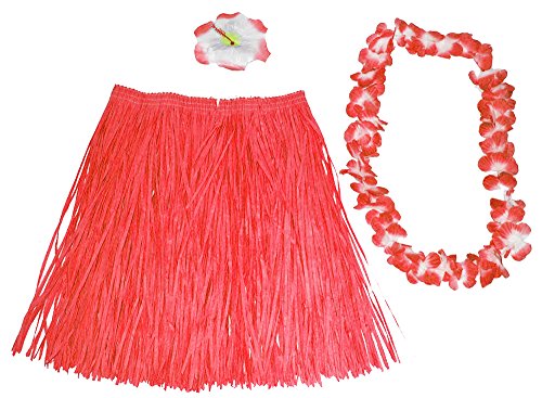 Hawaii Kostüm Set Flower 3-tlg. - Rocklänge 60 cm - Rot von Das Kostümland