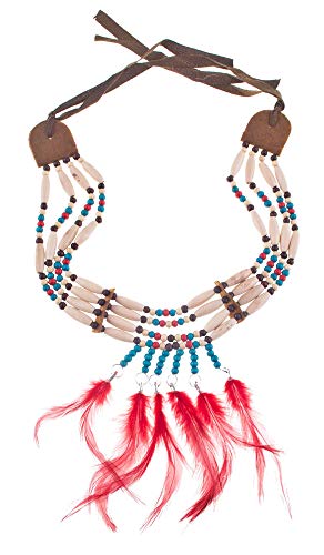 Indianer Halskette Tiki - mit Holzperlen und Federn - Beige Rot - Tolles Accessoire zu Wild West Kostümen an Karneval, Mottoparty oder Geburtstagsfeier von Das Kostümland