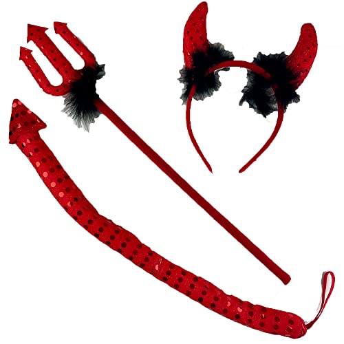 Teufel Kostüm Set 3-TLG. - Hörner Schwanz und Dreizack - Karneval Mottoparty Dämon Verkleidung Zubehör Teufel Kostüm Set 3-TLG. - Hörner Schwanz und Dreizack - Karneval Mottoparty Dämon Verkleidung Zubehör von Das Kostümland