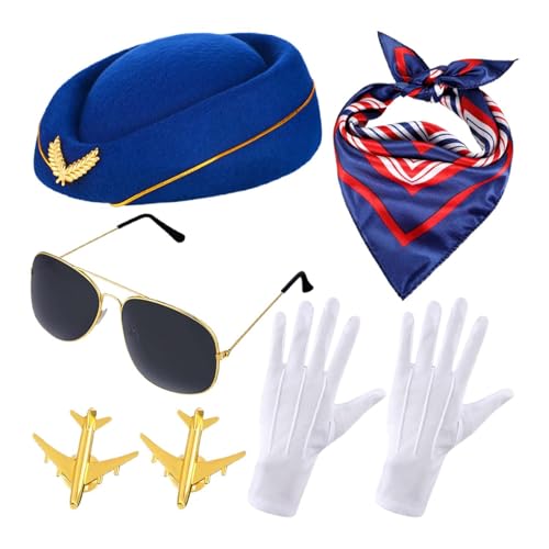 5 STÜCK Flugbegleiterkostüm für Frauen - Stewardess Kostümzubehör Set mit Flugbegleitermütze Schal Handschuhe Broschen Sonnenbrille für Frauen Mädchen Halloween Kostüme Cosplay Karneval Kostüm von Dasongff
