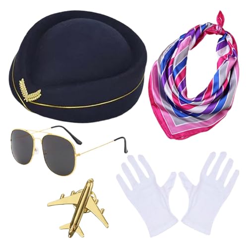 Dasongff 5PC Damen Flugbegleiterin Kostüm Zubehör mit Hut, Schal, Handschuhe, Sonnenbrille, Broschen - Stewardess Cosplay Set, Unisex-Erwachsene, Schwarz von Dasongff