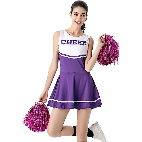 Cheerleaderkostüm Damen mit Cheerleader Pompoms – Cheerleader Kostüm Damen – Kostüm Damen als High School Cheerleader – Halloween Kostüm Damen Pompons Tanzpompons Sportspiel Teamgeist von Dasongff
