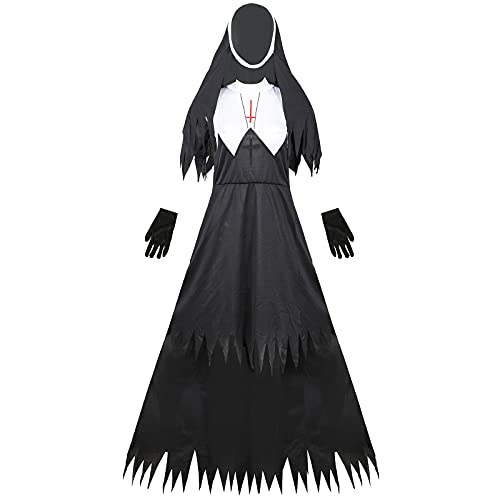 Dasongff Halloween Horror Kostüm Kostüm für Damen Nonne Kostüm Gruselige Kleidung Scary Gothic Kleid für Damen Fasching Karneval Robe Pastor Priester Cosplay Zombie Vampir Verkleidung 4-Teiliges von Dasongff