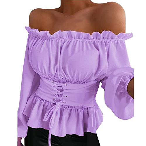 Dasongff Piratenbluse Damen Victorian Halbe Ärmel Schulterfrei Tops mit Rüschen Mittelalter Boho Tops Oberteile Rüschenkleid mit langen Puffärmeln Stufenrock Piratenhemd Freizeitkleidung von Dasongff