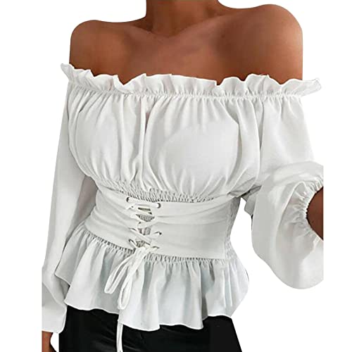 Dasongff Piratenbluse Damen Victorian Halbe Ärmel Schulterfrei Tops mit Rüschen Mittelalter Boho Tops Oberteile Rüschenkleid mit langen Puffärmeln Stufenrock Piratenhemd Freizeitkleidung von Dasongff