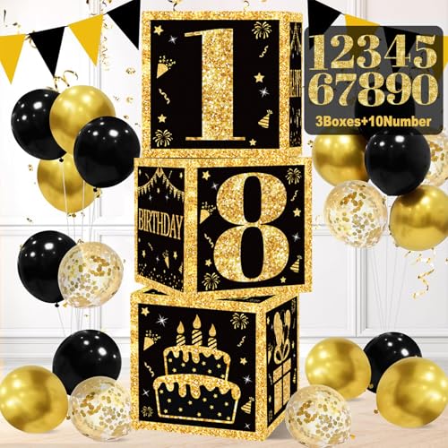 Geburtstagsdekorationsboxen für Jungen oder Männer, 3 Stück Schwarz Gold Happy Birthday Luftballons Boxen mit 0–9 Zahlen, Bday Thema Pappschachtel, Dekor Geburtstagsdekorationsboxen für Jungen oder Männer, 3 Stück Schwarz Gold Happy Birthday Luftballons Boxen mit 0–9 Zahlen, Bday Thema Pappschachtel, Dekor von DataMoon
