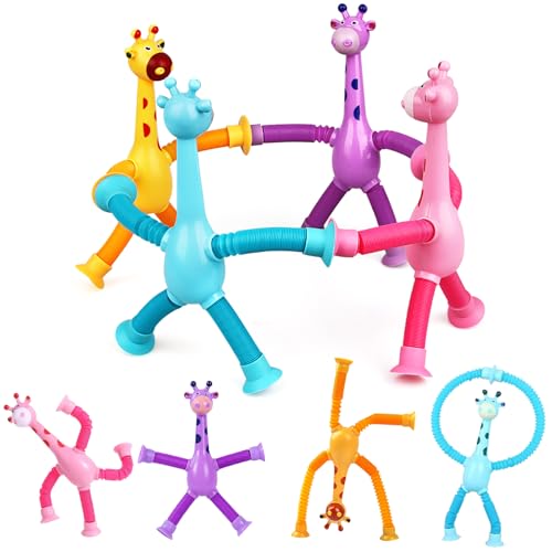 Dawumin Giraffe-Spielzeug, 4 Stück Teleskop Saugnapf Quetschspielzeug, Giraffe Pop-Röhren Sensorik Spielzeug, Stressabbau für Kinder von Dawumin