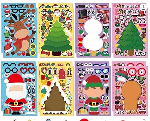 Dawumin 16 Blätter Weihnachtskinder Aufkleber Bastel Set, DIY Sticker Weihnachtsbaum Lebkuchenmann Schneemann Rentier, (16pcsA) von Dawumin