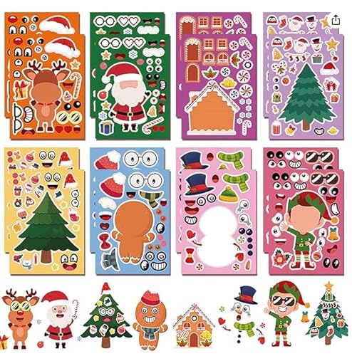 Dawumin 16 Blätter Weihnachtskinder Aufkleber Bastel Set, DIY Sticker Weihnachtsbaum Lebkuchenmann Schneemann Rentier, (16pcsB) von Dawumin