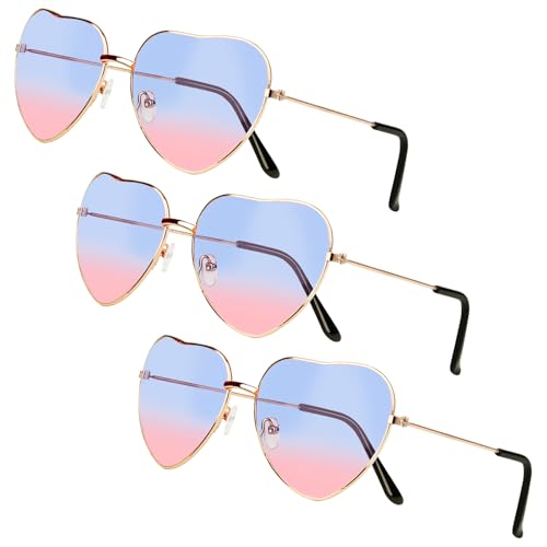 Dawumin 3 Paar Herz Party Brillen, Hippie Brille Damen, Herzbrille, Lustige Sonnenbrille, Retro Herzförmige Partybrille, für 60er 70er 80er 90er Jahre Party Accessoires (Oben blau und unten rosa) von Dawumin