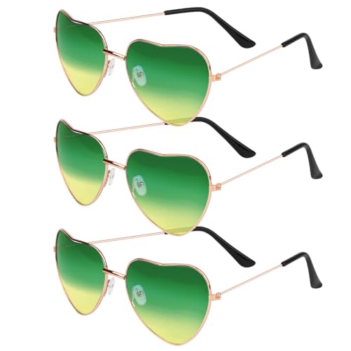 Dawumin 3 Paar Herz Party Brillen, Hippie Brille Damen, Herzbrille, Lustige Sonnenbrille, Retro Herzförmige Partybrille, für 60er 70er 80er 90er Jahre Party Accessoires (Oben grün und unten gelb) von Dawumin