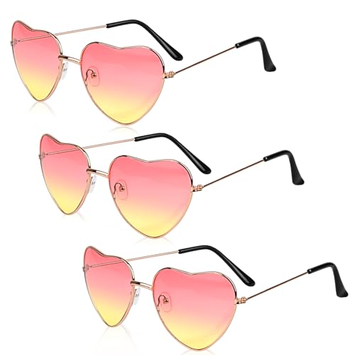 Dawumin 3 Paar Herz Party Brillen, Hippie Brille Damen, Herzbrille, Lustige Sonnenbrille, Retro Herzförmige Partybrille, für 60er 70er 80er 90er Jahre Party Accessoires (Oben rot und unten gelb) von Dawumin