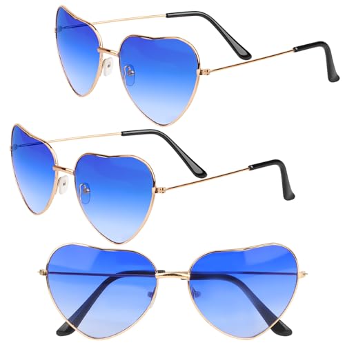 Dawumin 3 Paar Herz Party Brillen, Hippie Brille Damen, Herzbrille Blau, Lustige Sonnenbrille, Retro Herzförmige Partybrille, für 60er 70er 80er 90er Jahre Party Accessoires (Blau) von Dawumin