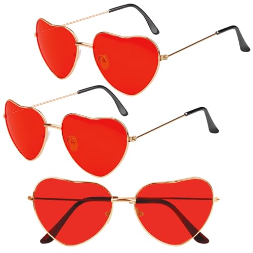 Dawumin 3 Paar Herz Party Brillen, Hippie Brille Damen, Herzbrille Rot, Lustige Sonnenbrille, Retro Herzförmige Partybrille, für 60er 70er 80er 90er Jahre Party Accessoires (Rot) von Dawumin