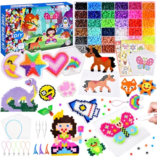 DazSpirit 10000 Bügelperlen Set, 36 Farben Bügelperlen Bastelset mit Platten, Pinzette, Musteranleitung, Perlen Set Kinder mit Aufbewahrungsbox für Geschenk Bastel, DIY, Schmuck Deko von DazSpirit
