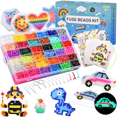 DazSpirit 10000 Bügelperlen Set, 36 Farben Glitzer Bügelperlen, Leuchtend im Dunkeln Bügelperlen mit Platten, Pinzette, Perlen Set Kinder mit Aufbewahrungsbox für Geschenk Bastel, DIY, Schmuck Deko von DazSpirit