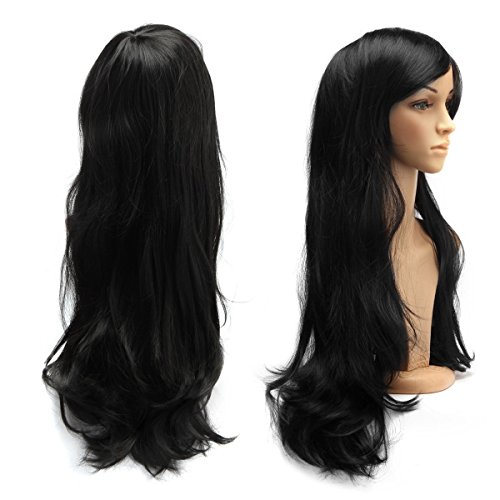 Dazone 70cm Karneval Perücke Schwarz. Lang Voll Cosplay Perücken, Lockig Wellig Fashion Kostüme Damen Haarteil Cosplay Wig für Alltag, Party Perücke Lang, Halloween von Dazone