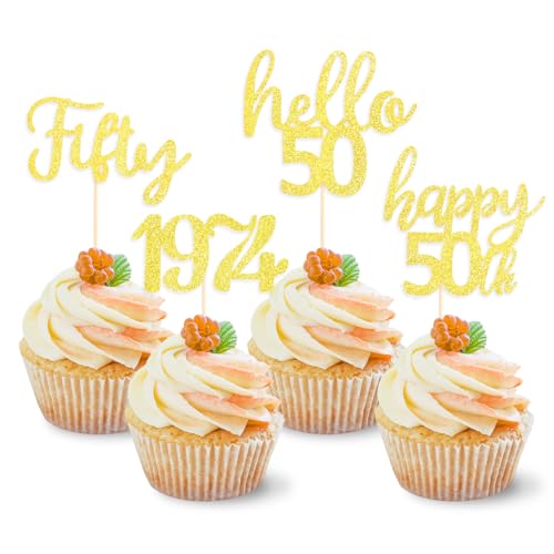 DazzJoy Glitzer 50. Geburtstag Cupcake Topper, 24 Stück Tortendeko für Mann und Frau, Muffin Deko, Gold Geburtstagsdeko, Torten Deko 1974 von Dazzjoy