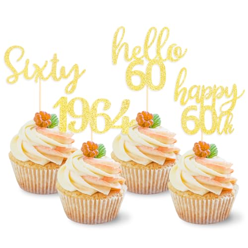 DazzJoy Glitzer Cupcake Topper 60. Geburtstag Deko, 24 Stück Tortendeko für Frau Mann, Cake Topper 1964, Muffin Deko, Kuchendeko Gold von Dazzjoy