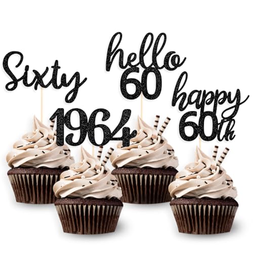 DazzJoy Glitzer 60. Geburtstag Cupcake Topper, 24 Stück Tortendeko für Mann und Frau, Muffin Deko Schwarz, Cake Topper 1964, Torten Deko 60 Jahre von Dazzjoy